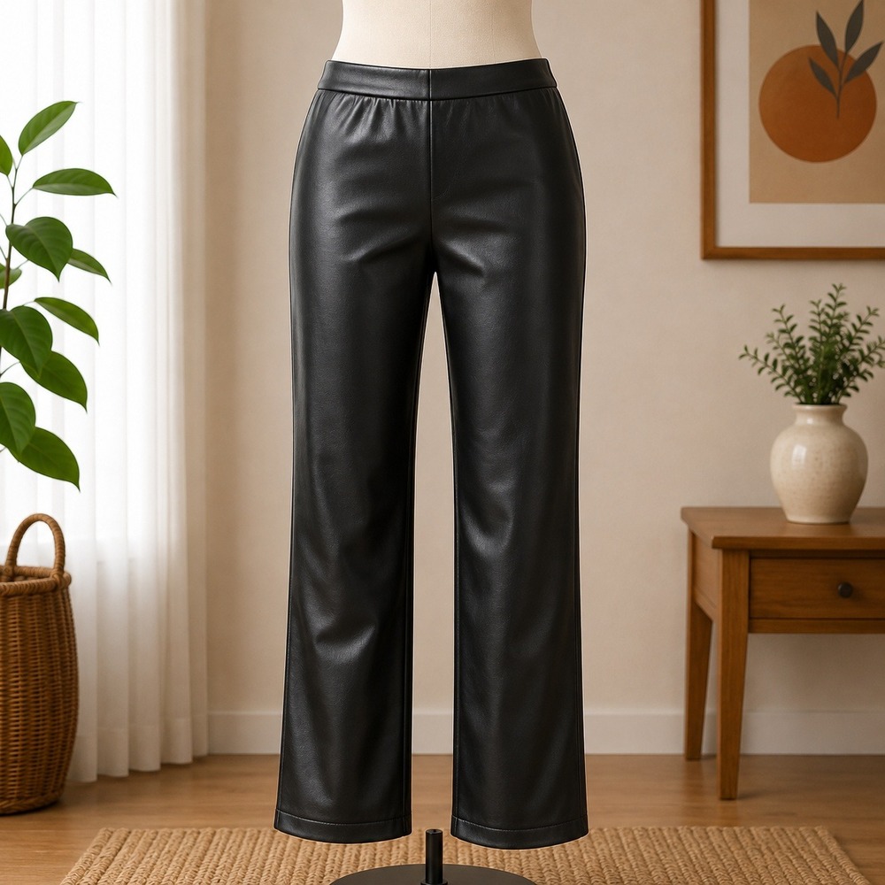 Susan Graver Faux Leather Pants Womens 2X Black Straight Leg Pull On 2826